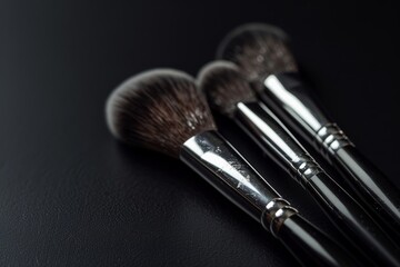 An assortment of high-quality makeup brushes with black handles and gold accents, arranged artfully on a black background, exuding elegance.