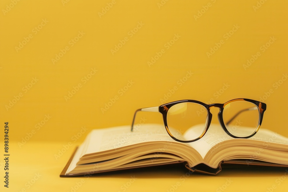Poster a book lies open on a yellow background with glasses resting on the pages. generative ai