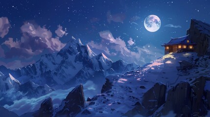 Obraz premium A Cabin in the Mountains Under a Full Moon