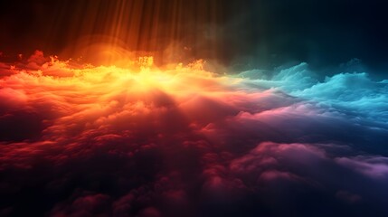 Naklejka premium 3D graphic resources where multicolored rays of light penetrate thick fog on a black background
