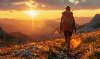 Fototapeta premium hiker with backpack walking on a mountain trail at sunset, with warm sunlight casting a golden glow on the landscape