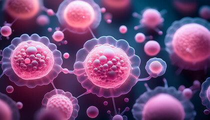 Glowing pink cells floating in dark. Medical research. For scientific and educational purposes.