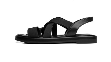 Women's black leather sandals isolated on white background.