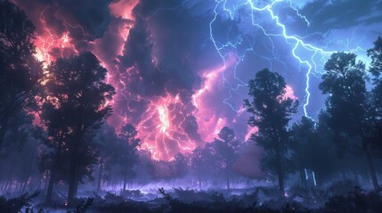 Lightning storm over a forest. AI generated illustration