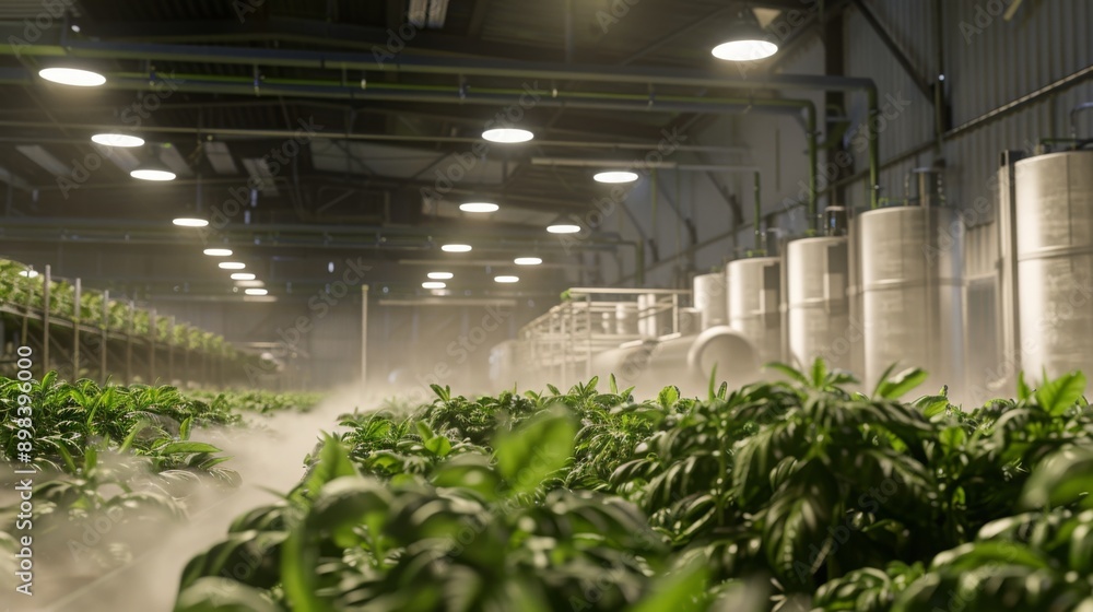 Poster a view of a commercial cannabis farm, showing rows of plants under artificial lights. fog is present