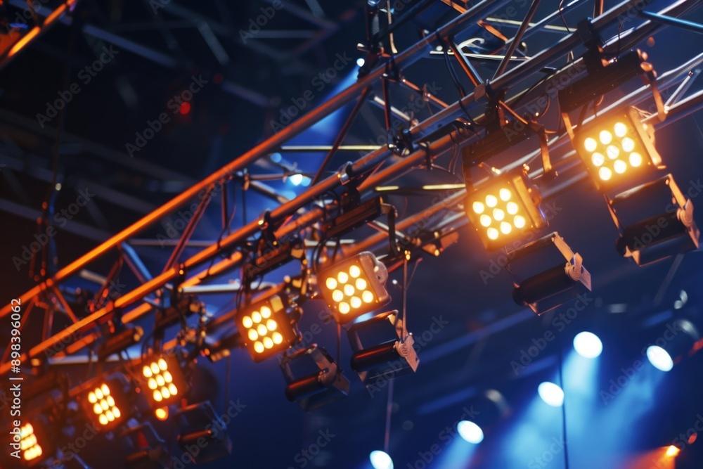 Poster a stage with a large amount of lighting equipment, possibly in preparation for an event or concert.