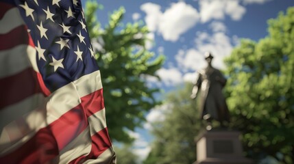 Naklejka premium American flag waving in the wind with a blurred background of a historical statue and trees on a sunny day