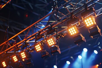 A stage with a large amount of lighting equipment, possibly in preparation for an event or concert.