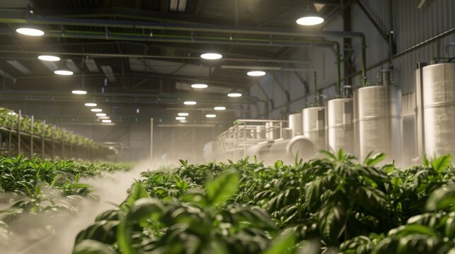 A view of a commercial cannabis farm, showing rows of plants under artificial lights. Fog is present throughout the facility, possibly part of a humidification system.