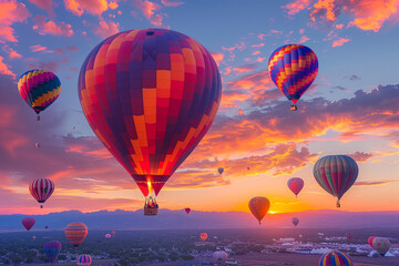 Fototapeta premium Vivid hues of hot air balloons punctuate the dawn sky at the Albuquerque International Balloon Fiesta creating a breathtaking spectacle against a gradient background