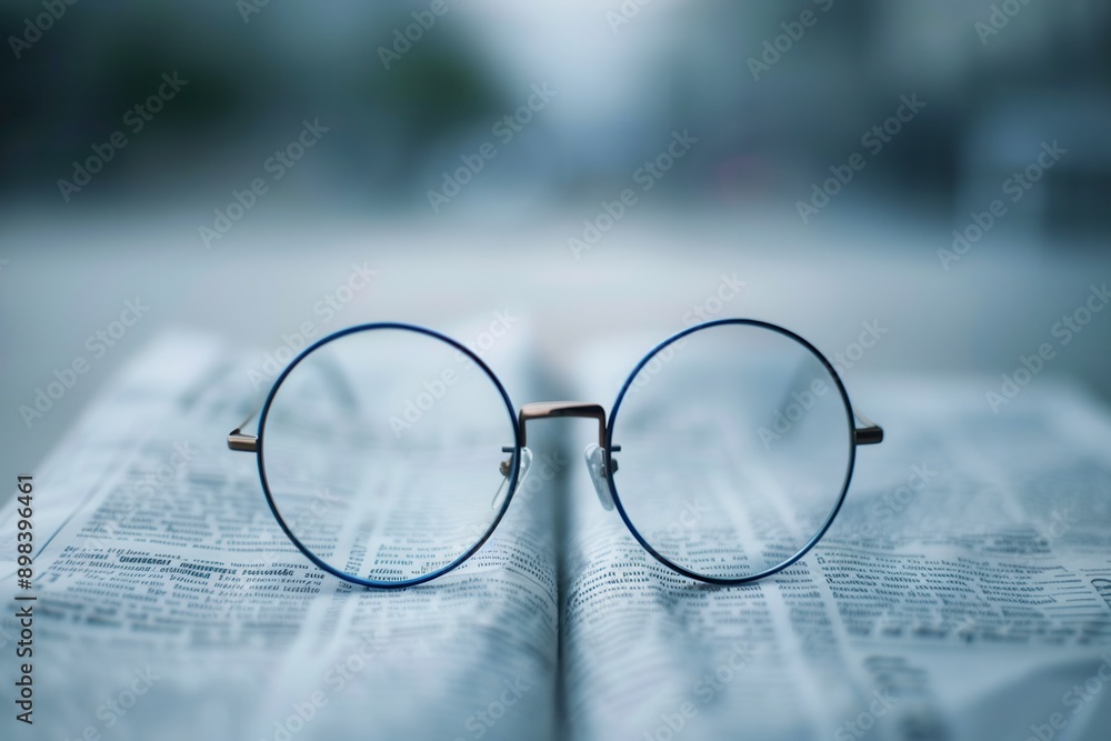 Poster round glasses with a thin gold frame lie open on a newspaper page, with the text blurred out of focu