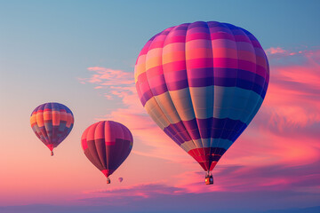 Naklejka premium Vivid hues of hot air balloons punctuate the dawn sky at the Albuquerque International Balloon Fiesta creating a breathtaking spectacle against a gradient background