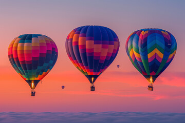 Fototapeta premium Vivid hues of hot air balloons punctuate the dawn sky at the Albuquerque International Balloon Fiesta creating a breathtaking spectacle against a gradient background
