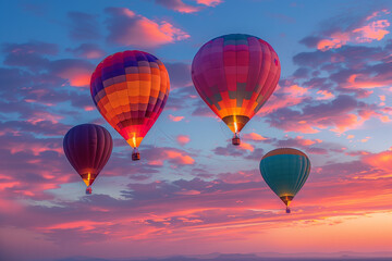 Naklejka premium Vivid hues of hot air balloons punctuate the dawn sky at the Albuquerque International Balloon Fiesta creating a breathtaking spectacle against a gradient background
