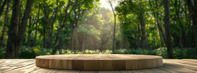 Empty wooden round podium in a tropical forest with a blurred background