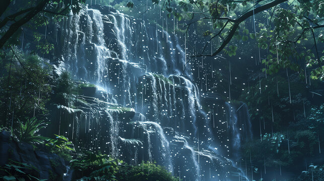 Waterfall with Digital Light Effects in Forest