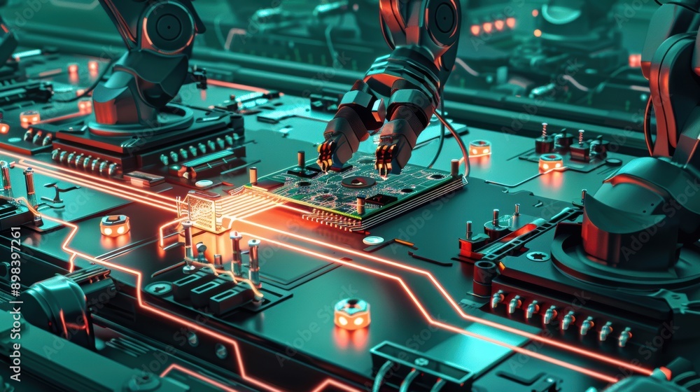 Poster robotic arms assembling a complex circuit board in a high-tech manufacturing facility