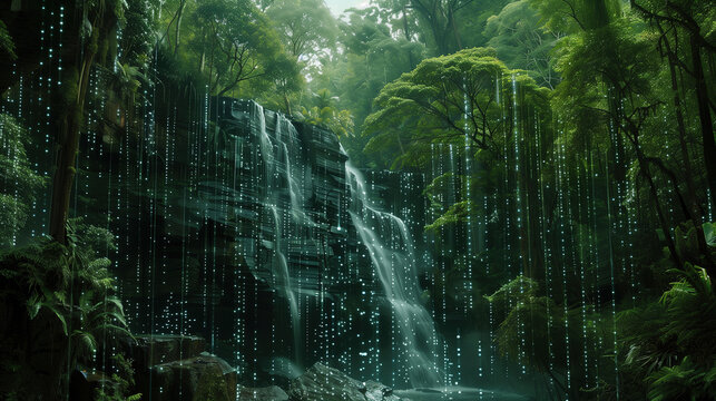 Digital Waterfall with Illuminated Streams in Forest
