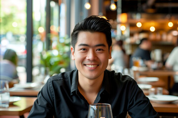 Candid of handsome Asian man smiling and having meal in the restaurant. Lifestyle concept