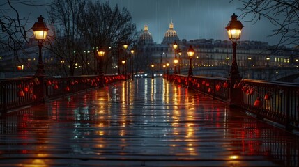 Fototapeta premium Rainy Night on the Pont des Arts, Paris