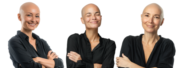 Pack of Happy bald woman with crossed arms set against transparent background