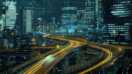 Smart City Highway with Digital Network Overlay at Night