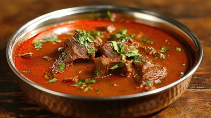 Hot and flavorful beef curry served in a metal bowl on table. Includes coriander leaves as garnish.