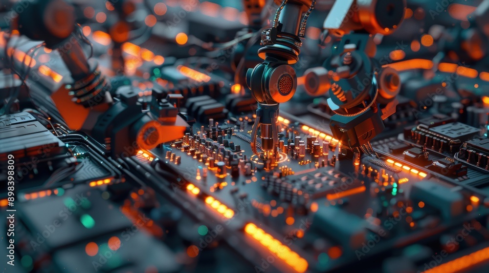 Poster robotic arms assembling a complex circuit board in a high-tech manufacturing facility