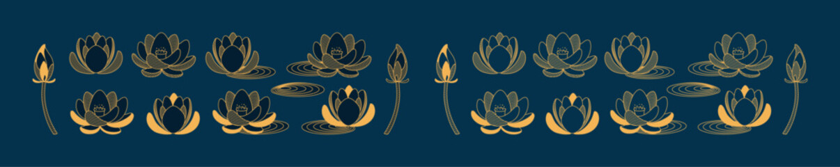 Lotus flowers, blossoms, leaf, bud, floral design elements collection, isolated clip art. Hand drawn line art vector illustration. Mid Autumn Festival, Dragon Boat Festival traditional holiday set