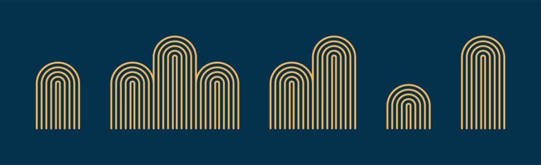 Abstract geometric mountains design elements collection, isolated clip art. Hand drawn line art vector illustration. Mid Autumn Festival, Dragon Boat Festival, Lunar New Year traditional holiday set