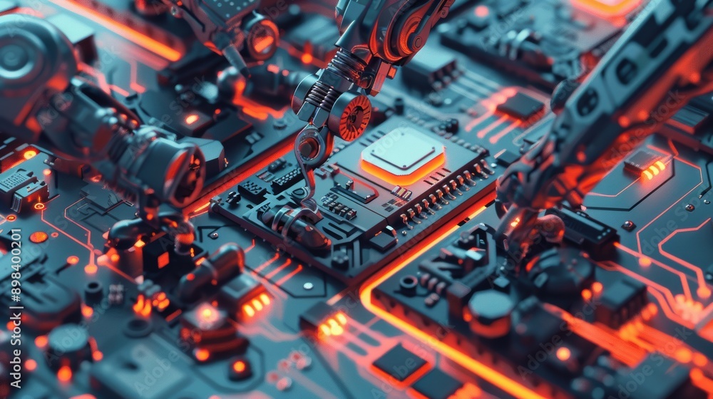 Poster robotic arms assembling a complex circuit board in a high-tech manufacturing facility