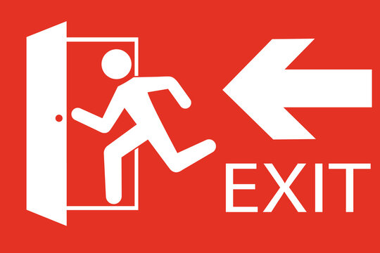 Safety vector symbol. Emergency exit sign. People running out fire exit. Running people and exit door sign. Escape help evacuation.