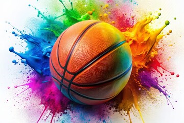 Vibrant splash of colored basketball paint splatters against a pristine white background, creating a dynamic and energetic visual representation of athleticism and movement.