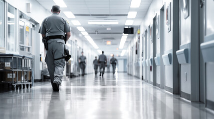 Obraz premium Uniformed officers walking in a well-lit corridor of a secure facility, depicting a typical day of patrol and security enforcement.