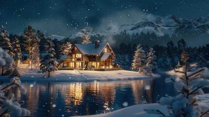 Fototapeta premium Vacation house with winter scenic view by lake