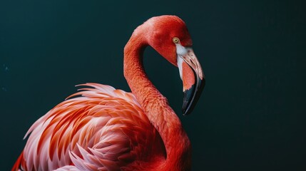 A close up portrait of a pink flamingo with its head turned, showcasing its vibrant feathers against a dark green background.