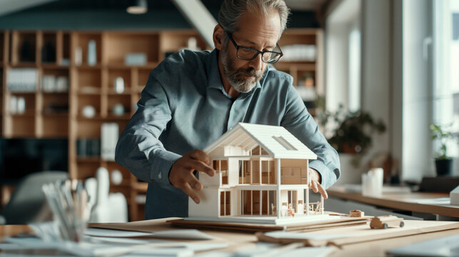 Man working on a scale model of a modern house in a well-lit office or studio, surrounded by architectural materials and bookshelves