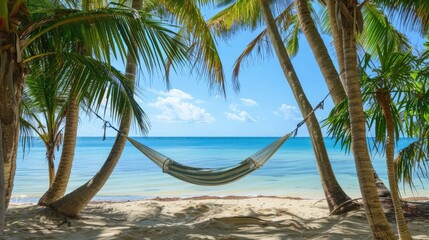 Fototapeta premium Hammock strung between palm trees on a tropical beach