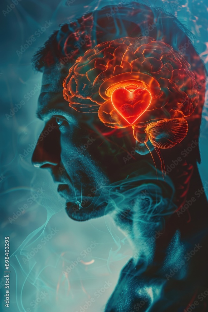Poster man's thoughts represented with brain and heart intertwined