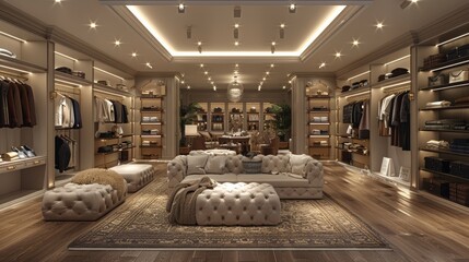 Luxurious walk in closet featuring a comfortable seating area with sofa and ottomans, ideal for relaxing while choosing the perfect outfit
