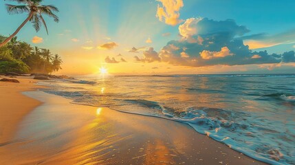 Peaceful beach sunset with palm trees and golden light
