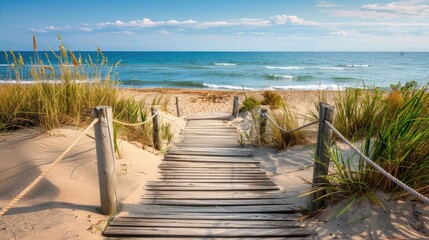 Wooden walkway leading to a sandy beach with blue ocean and sky.