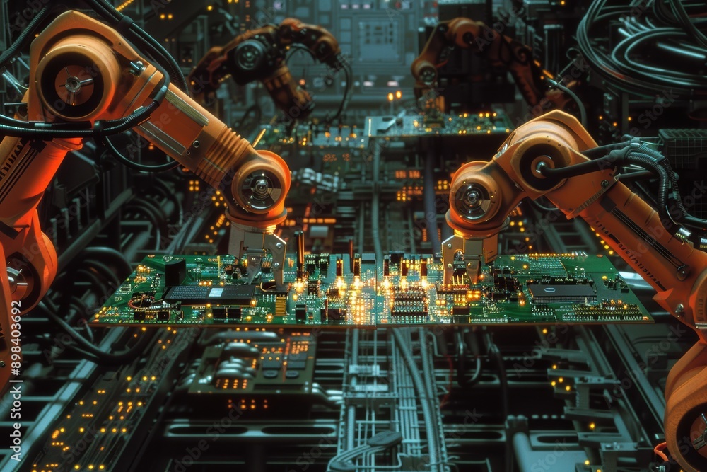 Poster robotic arms assembling a complex circuit board in a high-tech manufacturing facility