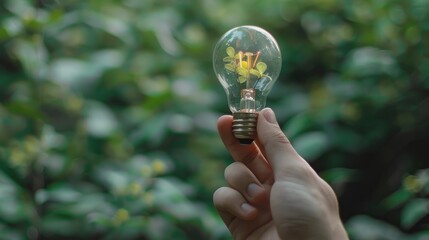 A hand holds a light bulb with a plant growing inside against a green background.