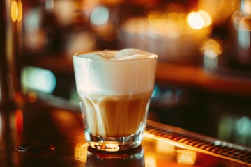 Foamy latte with milk in a cocktail glass on a bar counter. Shot of espresso and steamed milk topped with milk foam. Served at a nightclub or cafe.