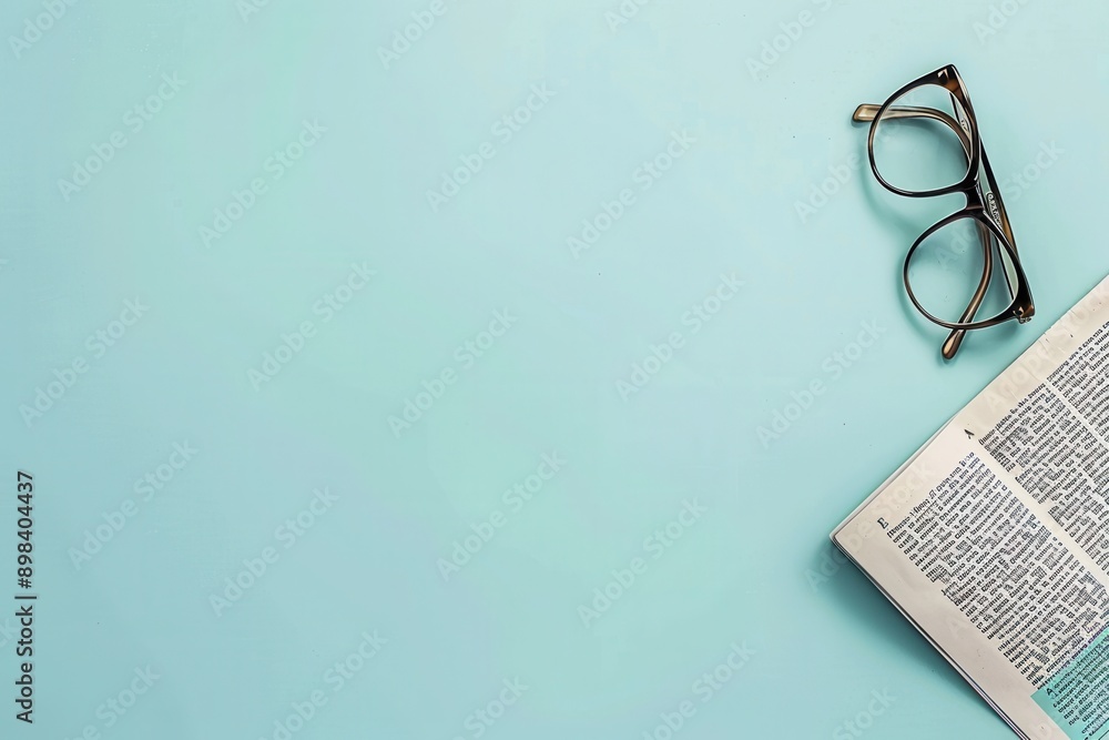 Poster a pair of glasses and an open book rest on a light blue surface. generative ai