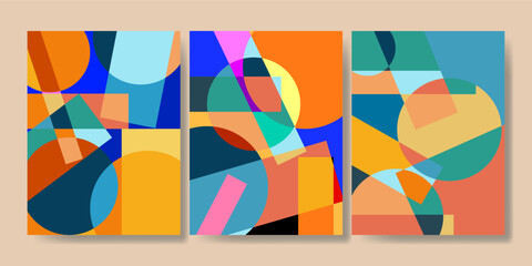 Abstract Bauhaus geometric pattern colorful vector background set. Circle, triangle, square lines art  swiss poster, brochure, banner design.