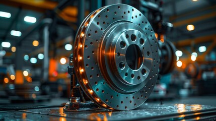 New brake disc gleams in a busy car part factory, surrounded by tools and equipment, showcasing modern automotive manufacturing precision and quality