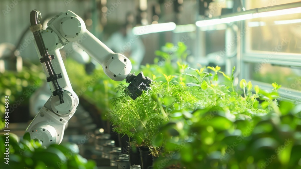 Poster a white robotic arm with black accents is tending to a row of plants in a greenhouse. the arm is mov