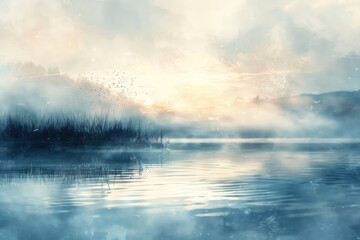 Fototapeta premium Soft, diffused washes creating a sense of calm and tranquility, Serene river with misty atmosphere and lush trees along the banks, AI generated